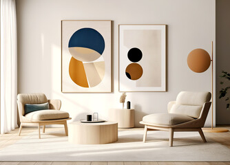 Two beige lounge chairs and round coffee table against wall with frames. Japandi home interior design of modern living room.