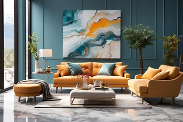 Poster Orange sofa and armchair against dark blue classic wall with marbling poster. Art deco home interior design of modern living room. © Vadim Andrushchenko