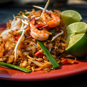 Pad Thai close up image. Thai cuisine Stir fried noodles with shrimp.