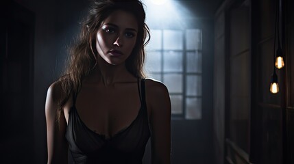 Model with bare shoulders, portraying vulnerability, set in a dimly lit room.