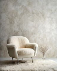 Fluffy fur sheepskin lounge chair on shaggy rug against venetian stucco wall with copy space. Minimalist home interior design of modern living room.