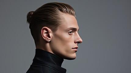 Model with hair slicked back, emphasizing strong jawline, against a simple grey background.