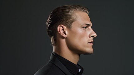 Model with hair slicked back, emphasizing strong jawline, against a simple grey background.