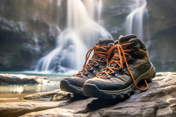 Close-up of trekking shoes, which are necessary for refreshing your mountain climbing and hiking. Background of natural waterfall and beautiful beam of light. Hobbies and sports lifestyle concept.