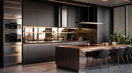 Modern metallic kitchen with smart appliances - obrazy, fototapety, plakaty