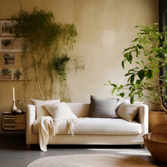 Fabric sofa with grey pillow and blanket against stucco wall. Wabi-sabi home interior design of modern living room.