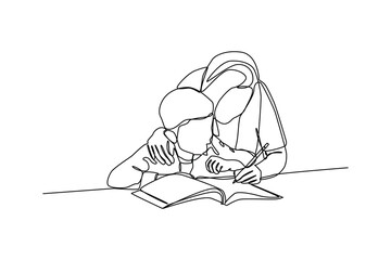 simple continuous line drawing of teacher teaches young student. Education minimalist concept, simple line, vector illustration.