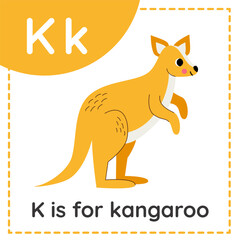 Learning English alphabet for kids. Letter K. Cute cartoon kangaroo.