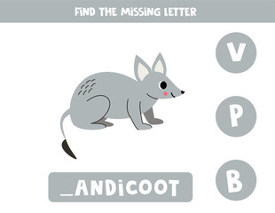 Find missing letter. Cute cartoon bandicoot. Educational spelling game for kids.