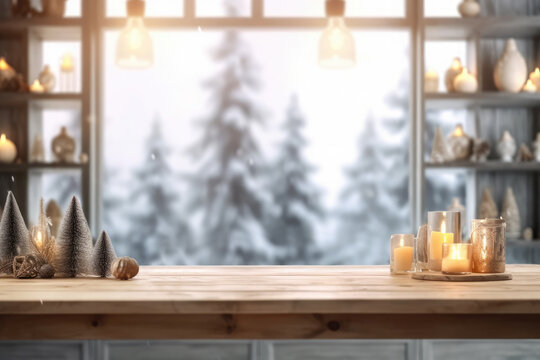 Empty wooden table with festive candles on the background blurred winter holiday background.The background can be used for mounting or displaying your products.
