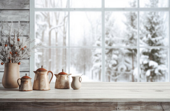 Empty wooden table with crockery on the background blurred winter holiday background.The background can be used for mounting or displaying your products.