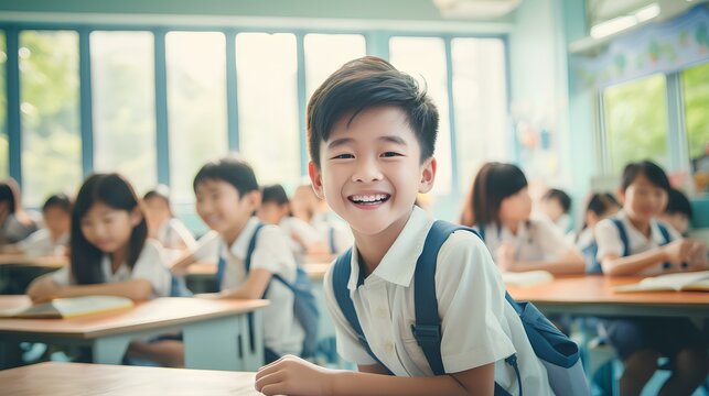 a korean boy with a happy smile while taking Art and creativity lesson in an asian elementary school. generative AI