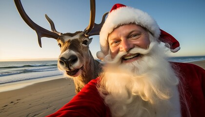 Santa Claus taking selfie with his reindeer on a beach