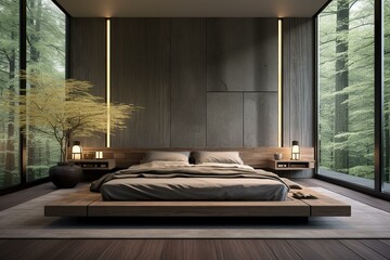 Minimal Japanese style master bedroom with bonsai, slatted wall panels, and wooden parquet floor. Grey bed. Generative AI - obrazy, fototapety, plakaty