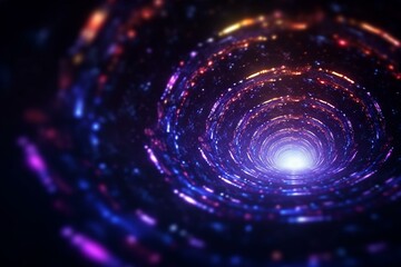 Abstract spiral tunnel of beautiful glowing particles, multicolored purple bokeh circles, dark background. Abstract background. Generative AI