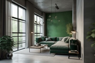 Modern industrial-style home with a green sofa and concrete decor. Generative AI
