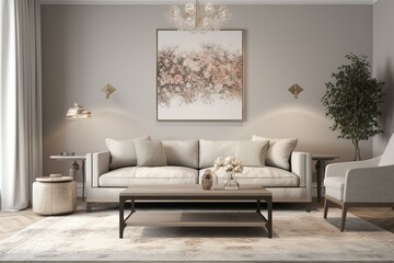 Contemporary living room setup with a light ambiance, neutral-toned couch, elegant coffee table, and floral decor, created through digital rendering. Generative AI