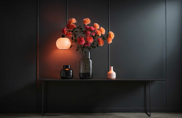 Table with vase with bouquet of red-orange roses. Charcoal gray Background with copy space.