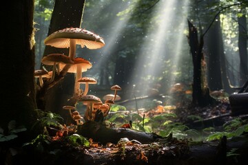 a picturesque cluster of fungi amid woods, sunbeams filtering through foliage. Generative AI