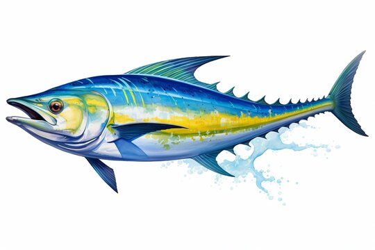 Image of a fish known as Mahi Mahi or Dolphin Fish on a white background, featuring the blue colored Mahi Mahi fish. Generative AI
