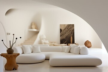 Living room with white plaster wall and seating furniture. Generative AI