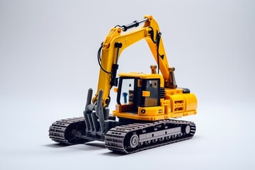 Small yellow excavator on plain white background. Generative AI