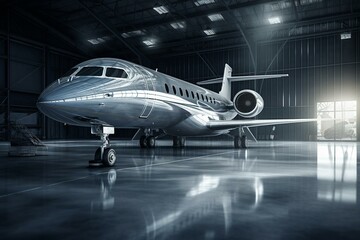 Private jet prepared for departure at maintenance hangar. Luxurious travel concept. Digital rendering. Generative AI