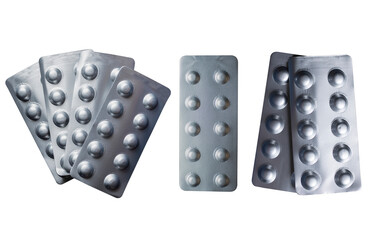 Set of pills isolated on white or transparent, Antipyretic tablets in foil blister pack,