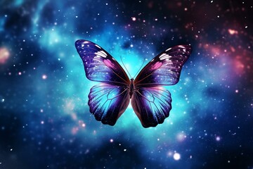 An artistic representation of a butterfly on a beautiful background of cosmic dust in space. Generative AI