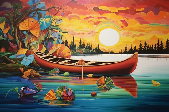 An artwork featuring a canoe adorned with vibrant kayaks, alongside a rowboat floating on water and another one in between. Generative AI