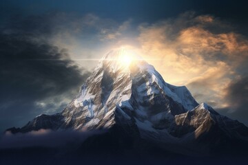 Vertical illustration of snowy mountain in cloudy sky, crowned winner, with Tibetan cut side and last light shining from Nepal to Tibet. Generative AI