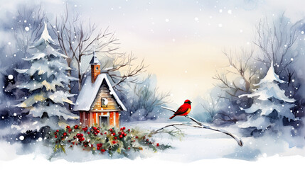 Christmas and New Year card with bird and trees