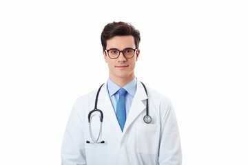 Male doctor wearing white long sleeved medical uniform. Isolated on white