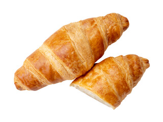 Top view of single piece of croissant with half isolated on white background with clipping path in png file format