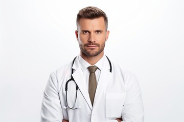 Fototapeta premium Male doctor wearing white long sleeved medical uniform. Isolated on white