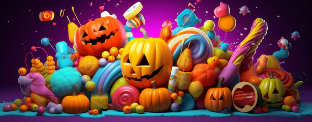orange party pumpkin holiday candy halloween sweet spider celebration purple. Generative AI.