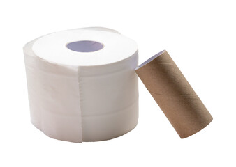 Single roll of white tissue paper or napkin with core prepared for use in toilet or restroom isolated on white background with clipping path in png file format