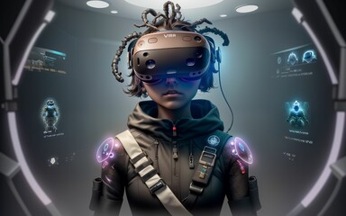 Into the Future a Young Woman's Futuristic Education and Gaming Journey with VR ai generated