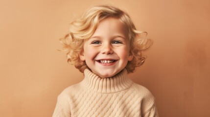 Portrait of a cheerful blonde child, a young girl, wearing neutral clothes, beaming happily against a studio light beige backdrop. Generative AI