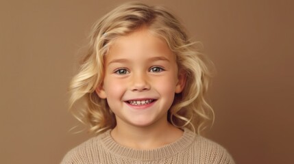 Portrait of a cheerful little girl with blonde hair, dressed in neutral colors, posing against a light beige studio background. Generative AI