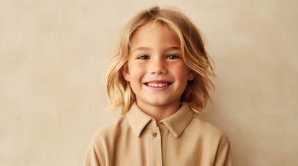 A happy kid, a blonde girl, wearing neutral attire, grinning against a studio's light beige setting. Generative AI