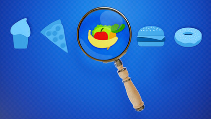  Searching for heatlhy food. Magnifying glass checking vegetables and fruits, such apple, banana and carrot when there is also unhealthy food such hamburger, pizza, ice cream and donuts available. 