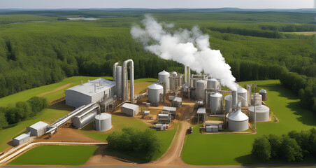 Aerial view of a factory with smoke coming out of its chimney in the forest - Powered by Adobe