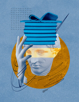 Abstract human antique statue and human hand, books. Creative idea symbol, art design or collage. Mental Health, thinking, psychology, education concept