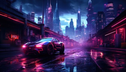 Fototapeta na wymiar Futuristic sports car on a neon highway. Powerful acceleration on a night track with colorful lights and tracks...
