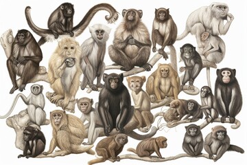 Detailed illustration of primates including monkeys and lemurs, set against a white background. Generative AI - obrazy, fototapety, plakaty