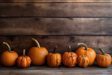 leaf frame wood pumpkin wooden season halloween orange autumn background fall. Generative AI.