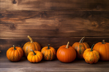 banner wooden halloween pumpkin leaf wood fall autumn orange season background. Generative AI.