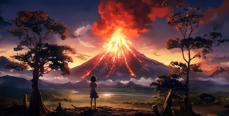 Fun scene girl looking at a volcano about to erupt hd wallpaper