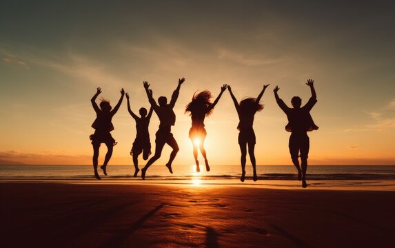 Single woman or family of parents and children Or several groups of friends standing and looking at the beach, some of them jumping together in the air. Feeling refreshed, relaxed, happy at the beach 